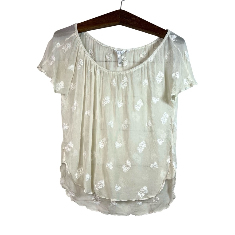 Anthropologie ZOA Cream Sheer Floral Embroidered Silk Blouse Cottagecore Size S